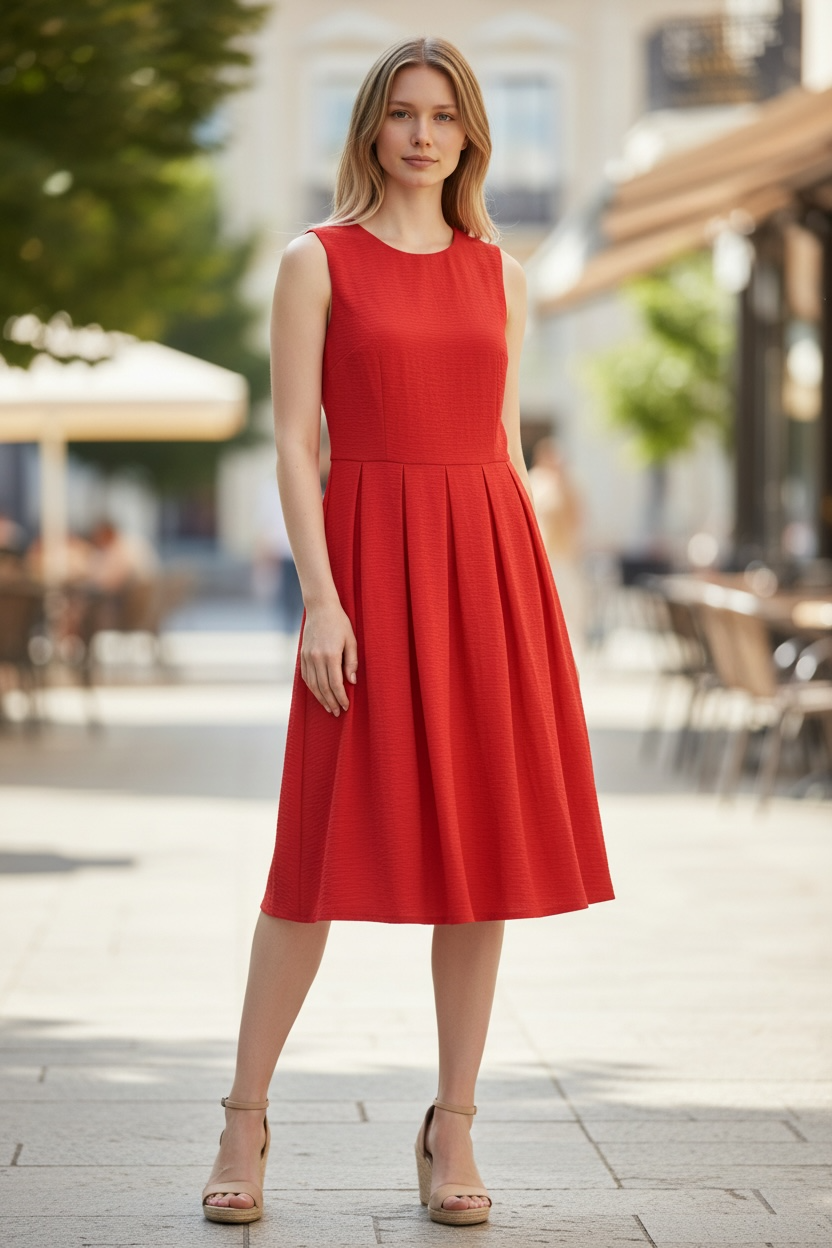 Rochie A-Line cu Fustă Plisată Roșu Intens