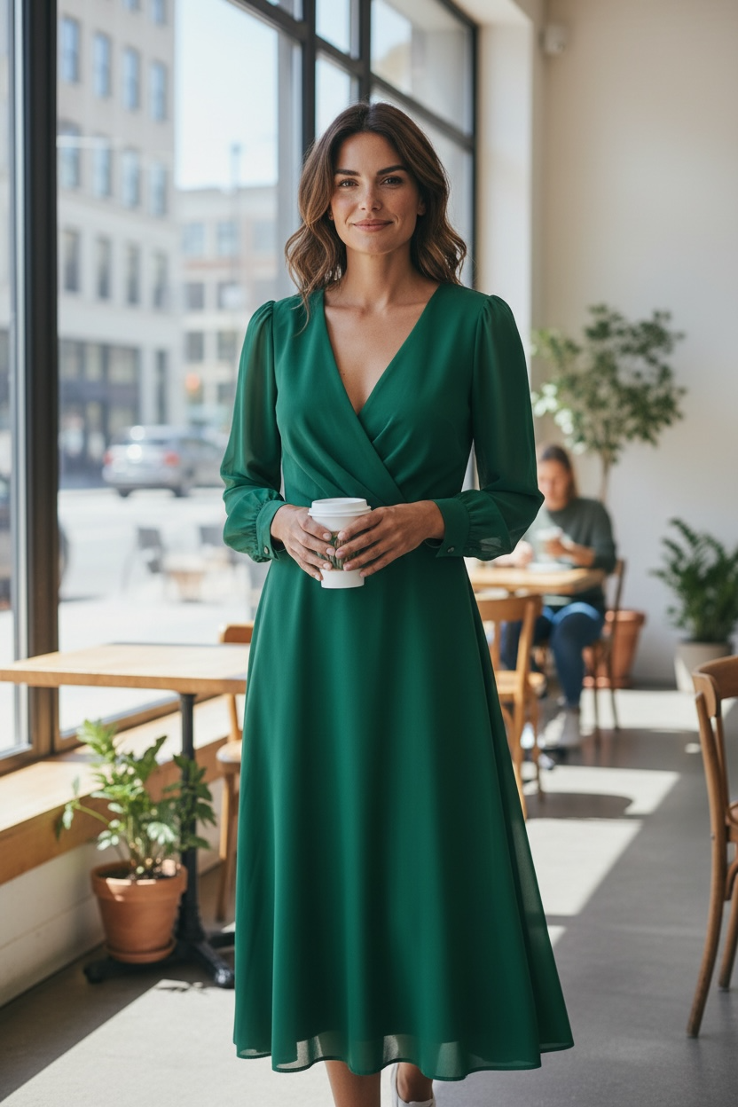 Rochie Midi Verde Smarald cu Mâneci din Voal