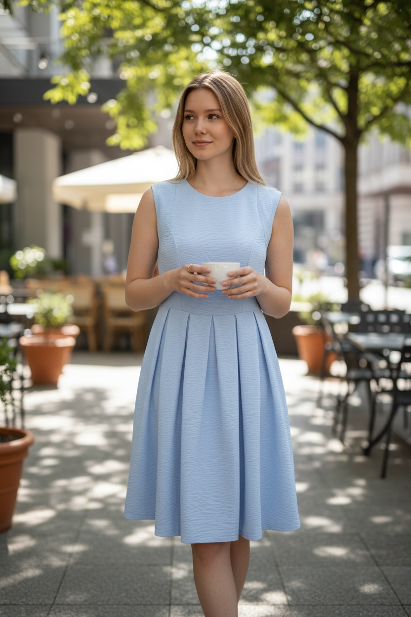 Rochie A-Line cu Fustă Plisată Albastru Pastel