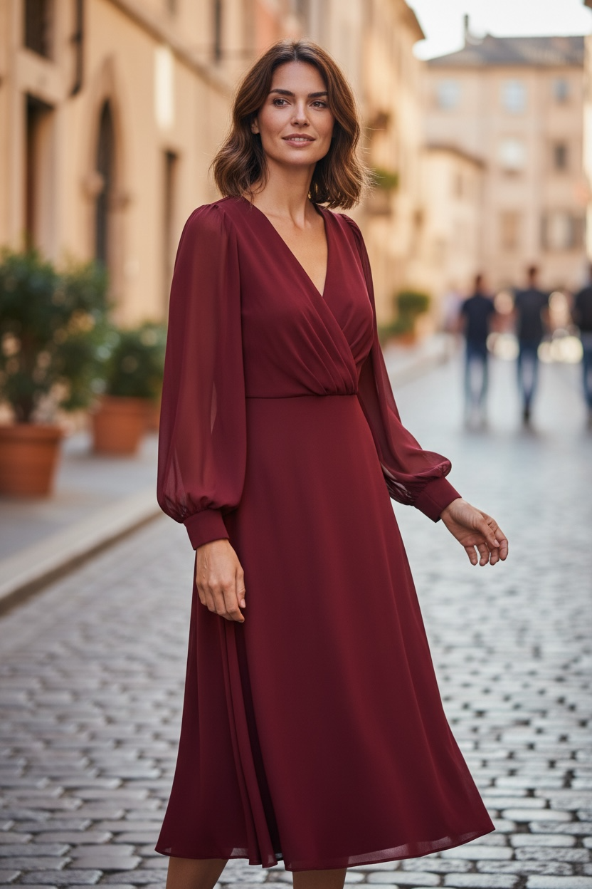 Rochie Midi Burgundy cu Mâneci din Voal